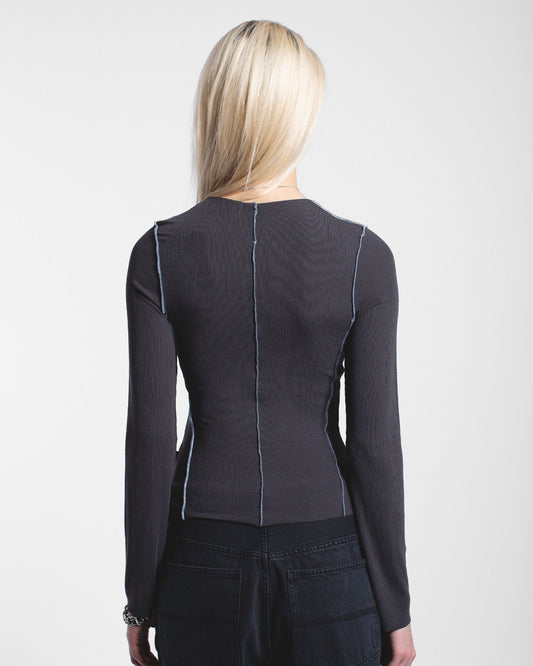 Nicola Long Sleeve Rib Top – Asphalt Contrast