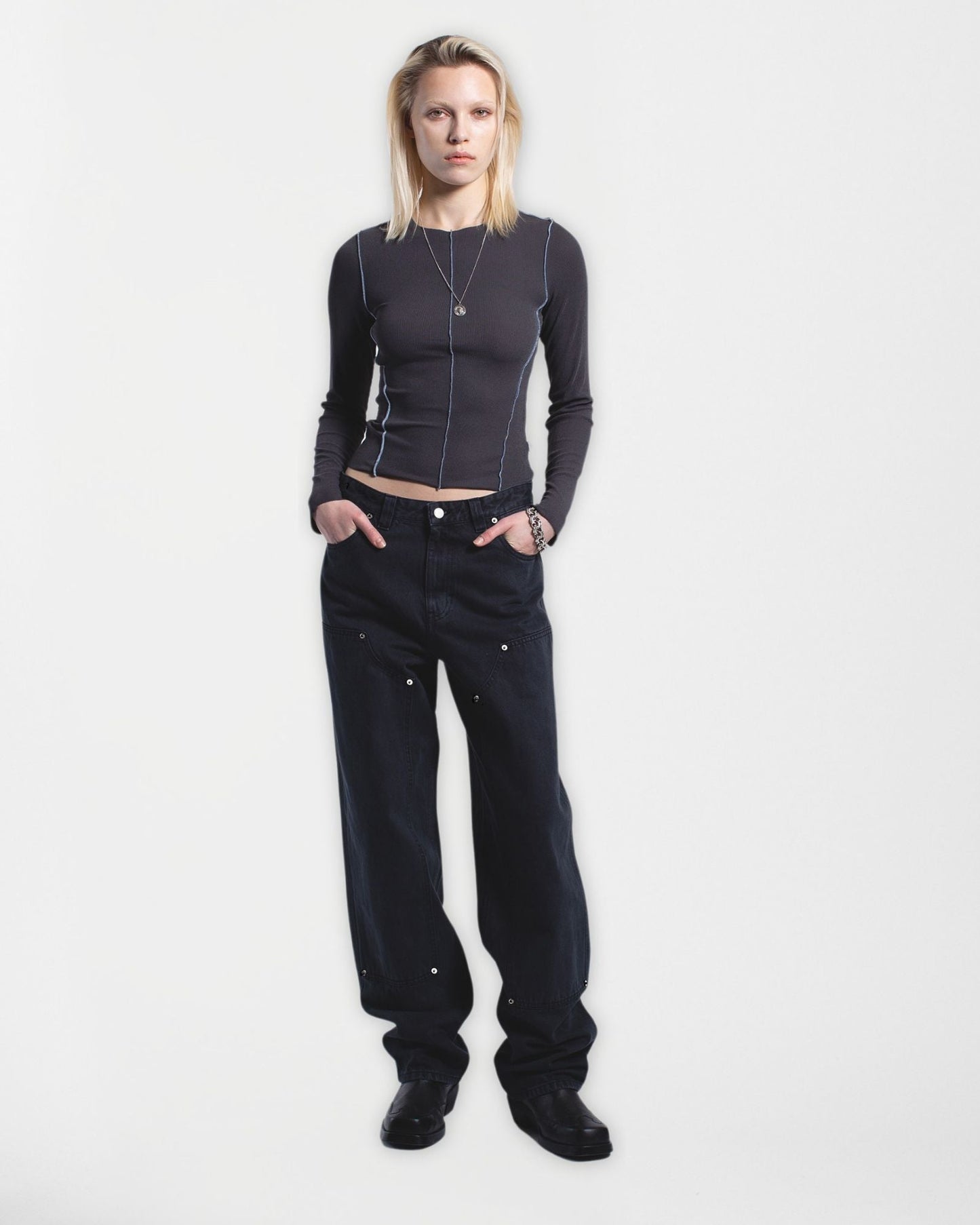 Nicola Long Sleeve Rib Top – Asphalt Contrast